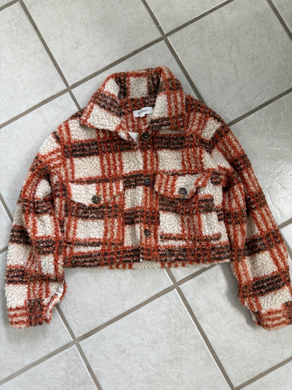 Veveret Rust Plaid Cropped Sherpa Jacket